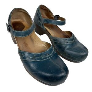 Dansko Y2K Blue Leather Laser cut Floral Strap Clogs